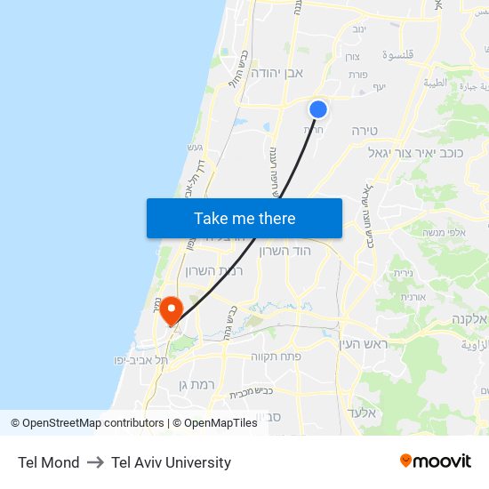 Tel Mond to Tel Aviv University map