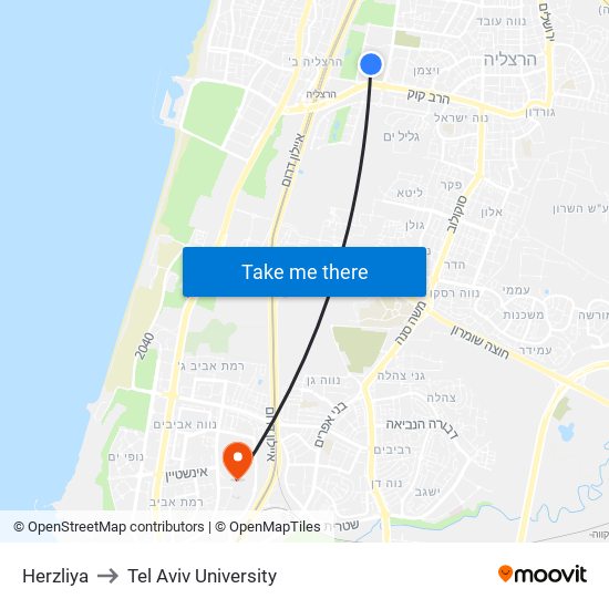 Herzliya to Tel Aviv University map