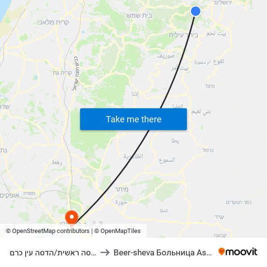 כניסה ראשית/הדסה עין כרם to Beer-sheva Больница Asyta map