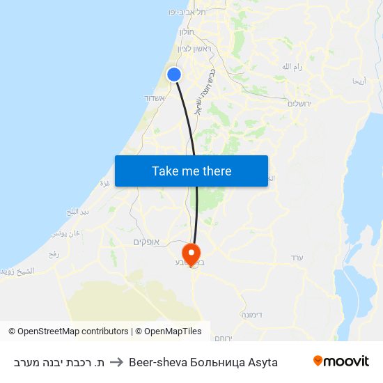 ת. רכבת יבנה מערב to Beer-sheva Больница Asyta map