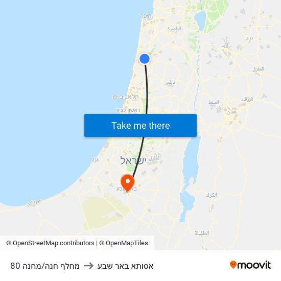 מחלף חנה/מחנה 80 to אסותא באר שבע map