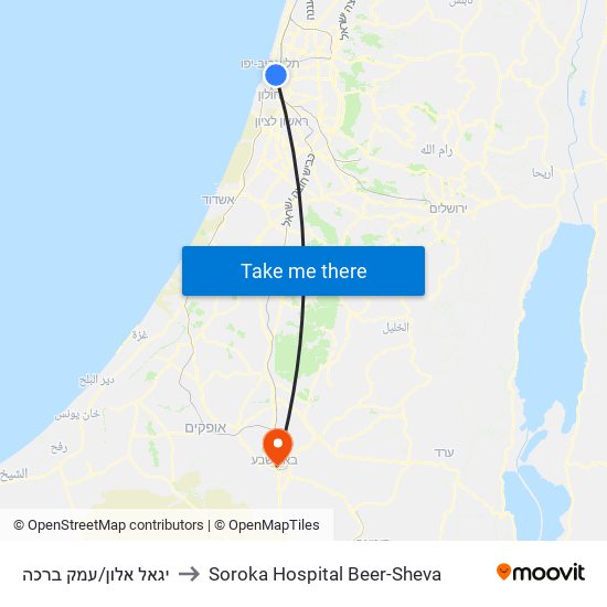 יגאל אלון/עמק ברכה to Soroka Hospital Beer-Sheva map