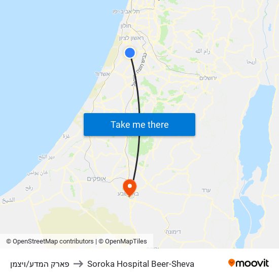 פארק המדע/ויצמן to Soroka Hospital Beer-Sheva map