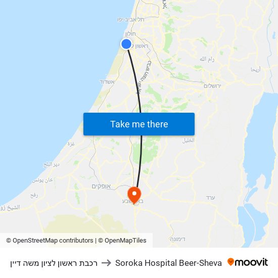 רכבת ראשון לציון משה דיין to Soroka Hospital Beer-Sheva map