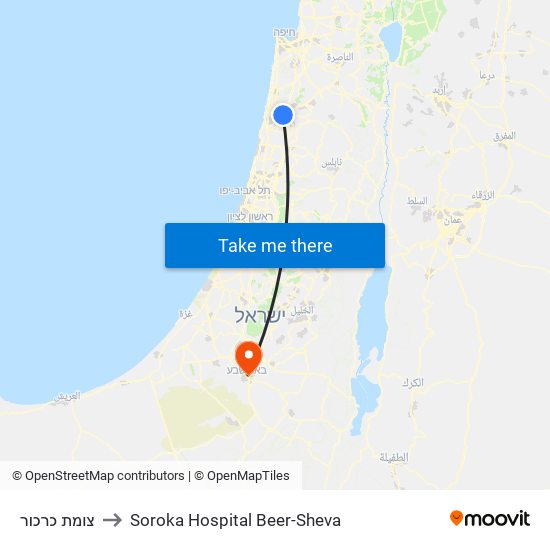 צומת כרכור to Soroka Hospital Beer-Sheva map