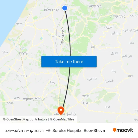 רכבת קריית מלאכי-יואב to Soroka Hospital Beer-Sheva map