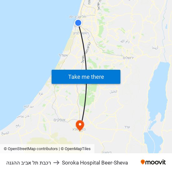 רכבת תל אביב ההגנה to Soroka Hospital Beer-Sheva map