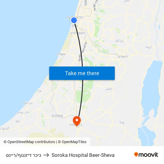 כיכר דיזנגוף/ריינס to Soroka Hospital Beer-Sheva map