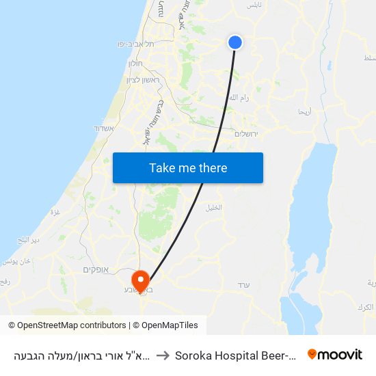 דרך תא''ל אורי בראון/מעלה הגבעה to Soroka Hospital Beer-Sheva map