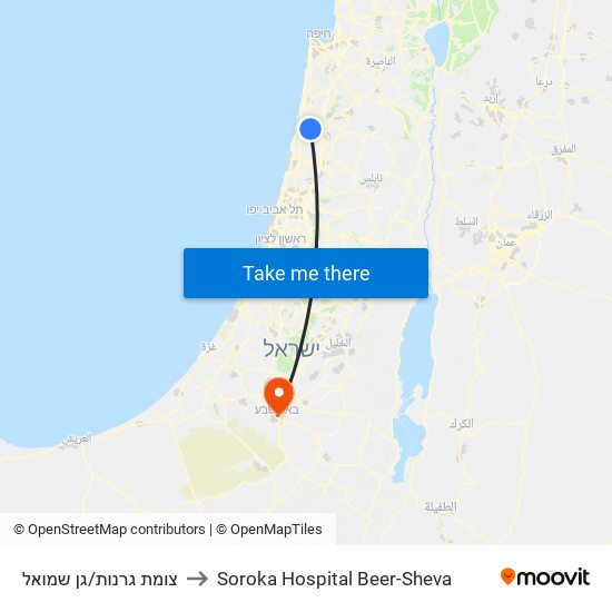 צומת גרנות/גן שמואל to Soroka Hospital Beer-Sheva map