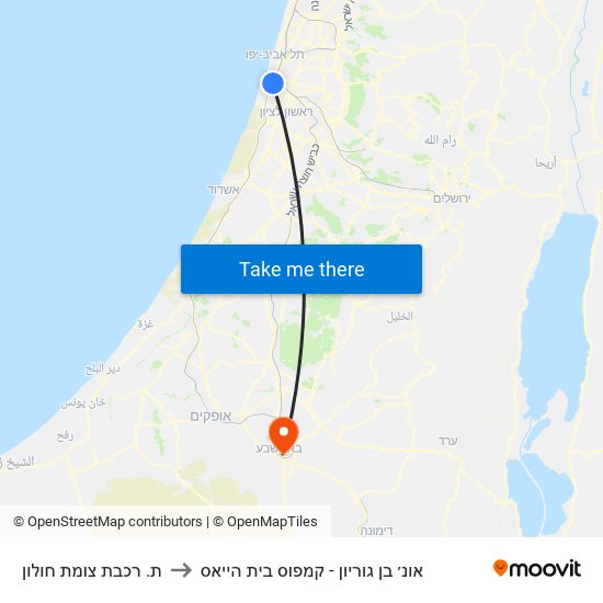 ת. רכבת צומת חולון to אונ׳ בן גוריון - קמפוס בית הייאס map