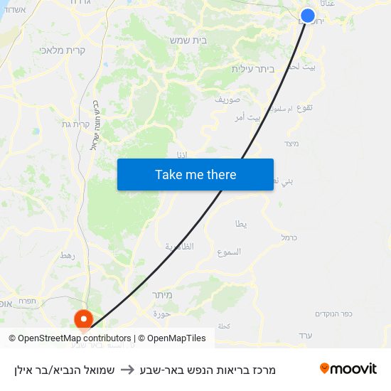 שמואל הנביא/בר אילן to מרכז בריאות הנפש באר-שבע map