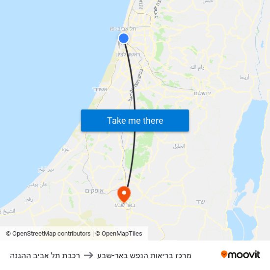 רכבת תל אביב ההגנה to מרכז בריאות הנפש באר-שבע map