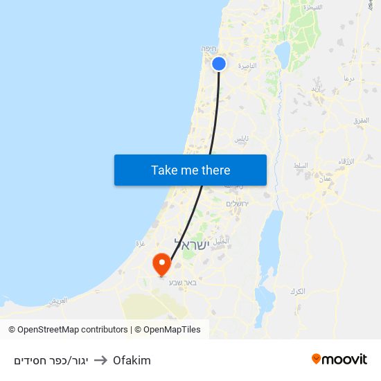 יגור/כפר חסידים to Ofakim map