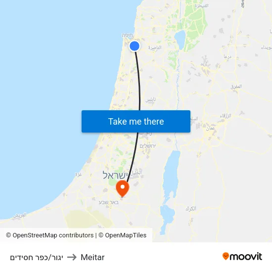Yagur/Kfar Hasidim to Meitar map