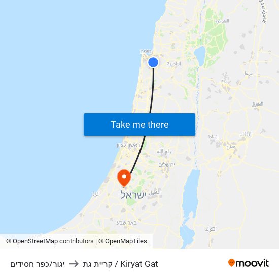 יגור/כפר חסידים to קריית גת / Kiryat Gat map