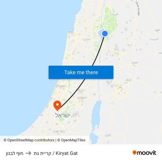 חוף לבנון to קריית גת / Kiryat Gat map
