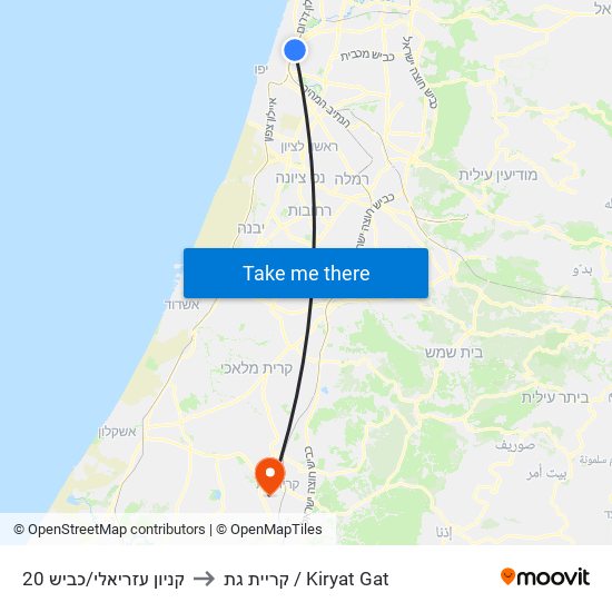קניון עזריאלי/כביש 20 to קריית גת / Kiryat Gat map