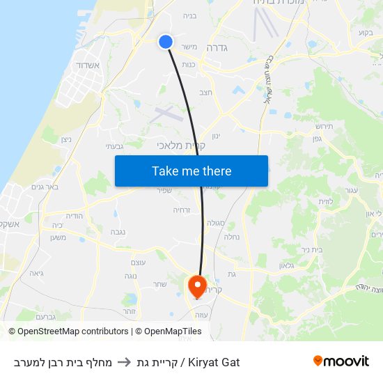 מחלף בית רבן למערב to קריית גת / Kiryat Gat map