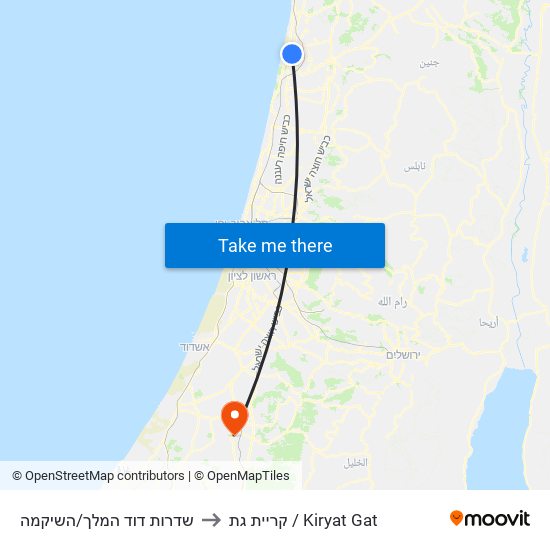 שדרות דוד המלך/השיקמה to קריית גת / Kiryat Gat map