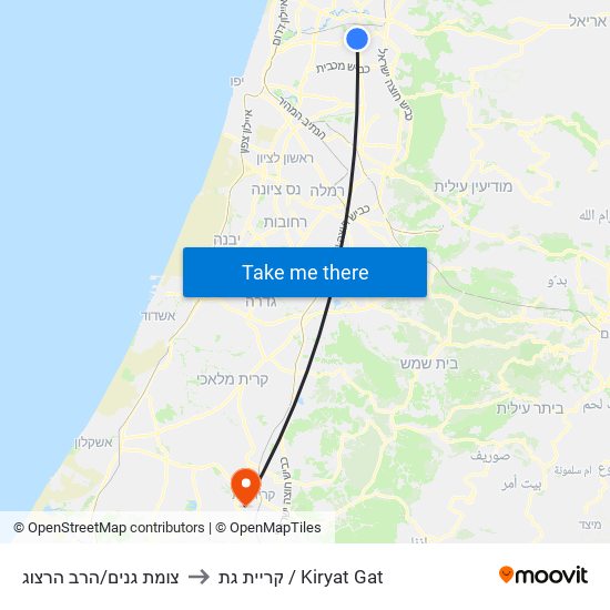 צומת גנים/הרב הרצוג to קריית גת / Kiryat Gat map