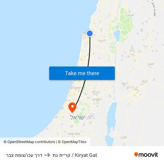 דרך עכו/צומת צבר to קריית גת / Kiryat Gat map