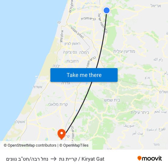 נחל רבה/חט''ב גוונים to קריית גת / Kiryat Gat map