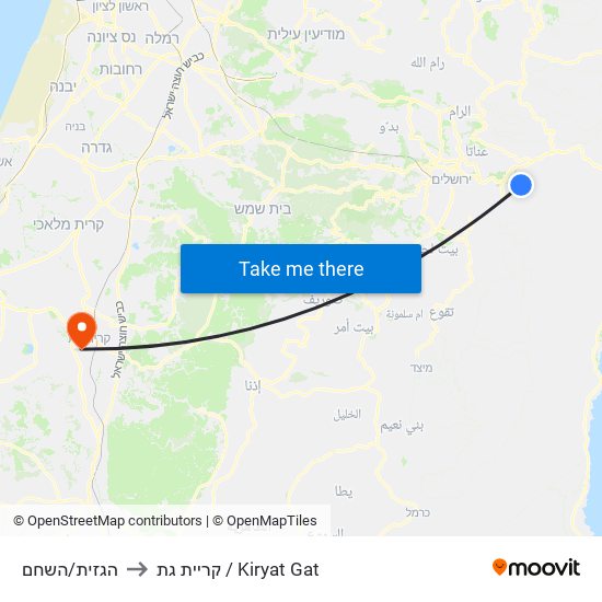 הגזית/השחם to קריית גת / Kiryat Gat map