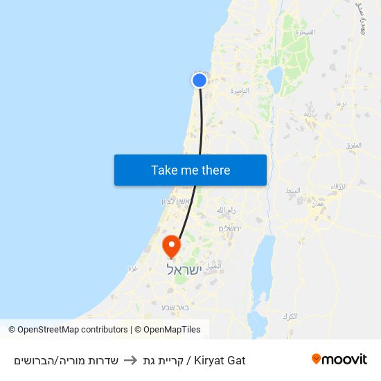שדרות מוריה/הברושים to קריית גת / Kiryat Gat map