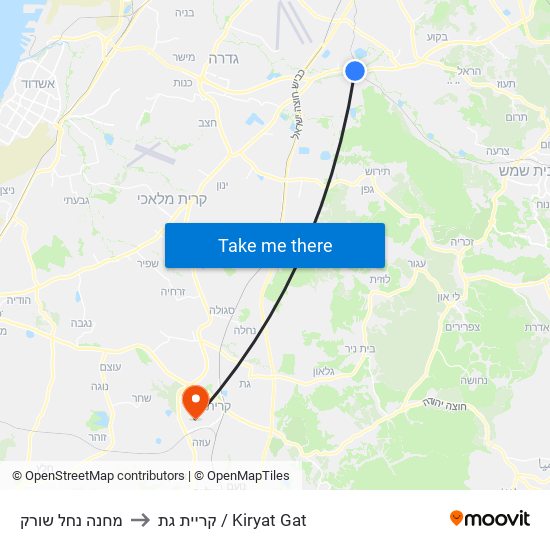 מחנה נחל שורק to קריית גת / Kiryat Gat map