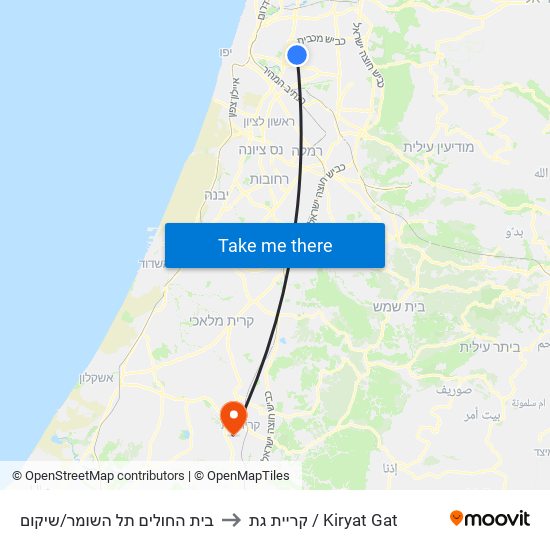 בית החולים תל השומר/שיקום to קריית גת / Kiryat Gat map