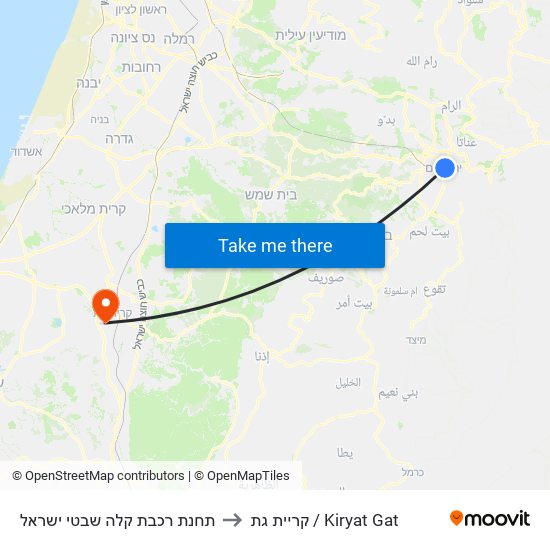 תחנת רכבת קלה שבטי ישראל to קריית גת / Kiryat Gat map