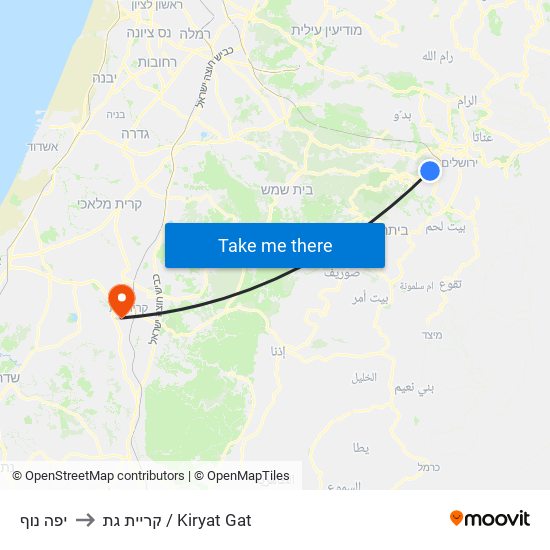 יפה נוף to קריית גת / Kiryat Gat map
