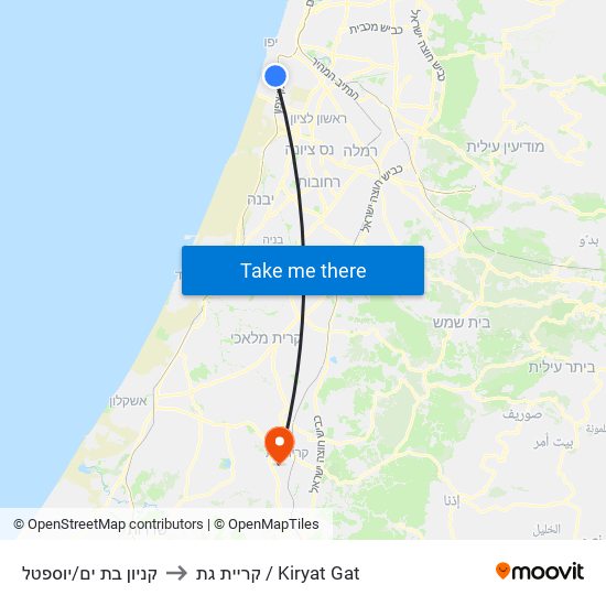 קניון בת ים/יוספטל to קריית גת / Kiryat Gat map