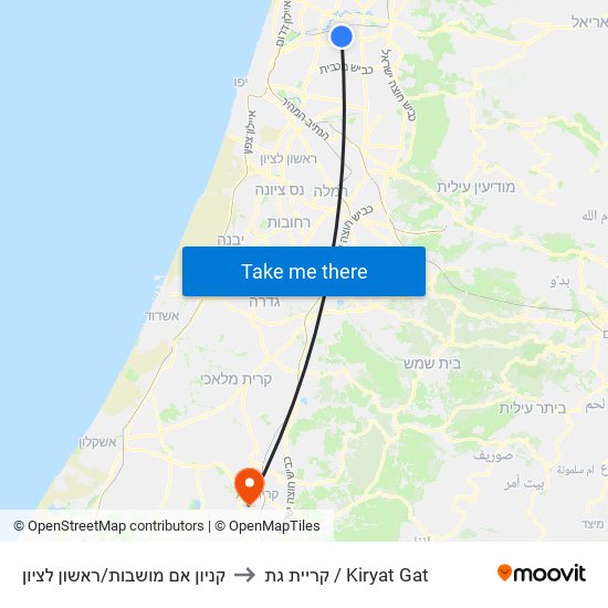 קניון אם מושבות/ראשון לציון to קריית גת / Kiryat Gat map