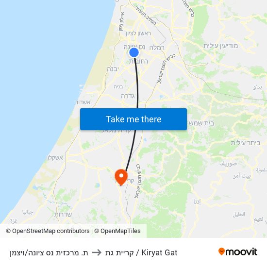 ת. מרכזית נס ציונה/ויצמן to קריית גת / Kiryat Gat map