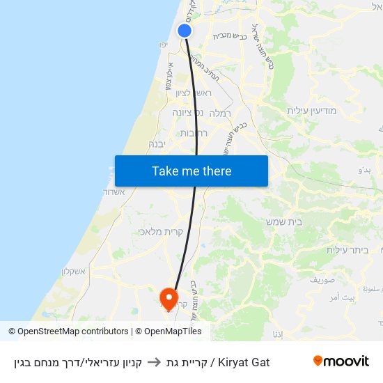 קניון עזריאלי/דרך מנחם בגין to קריית גת / Kiryat Gat map