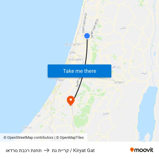 תחנת רכבת נורדאו to קריית גת / Kiryat Gat map