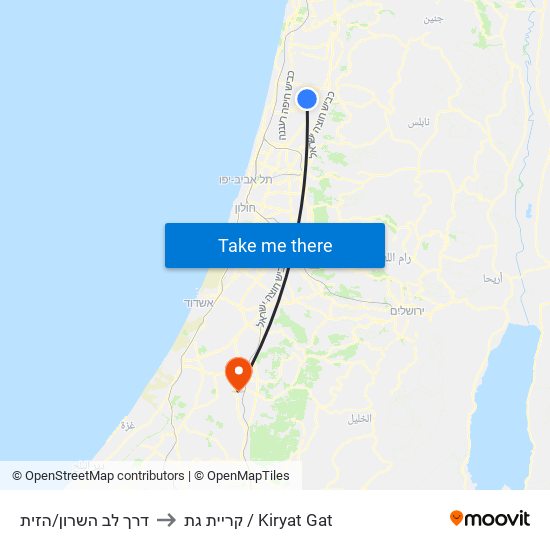 דרך לב השרון/הזית to קריית גת / Kiryat Gat map