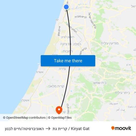 האוניברסיטה/חיים לבנון to קריית גת / Kiryat Gat map