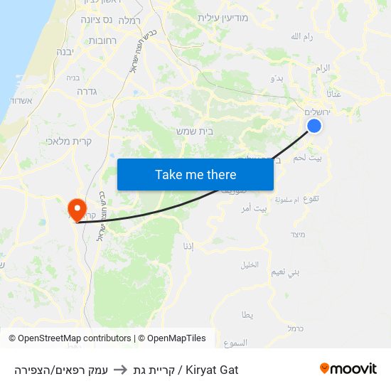 עמק רפאים/הצפירה to קריית גת / Kiryat Gat map
