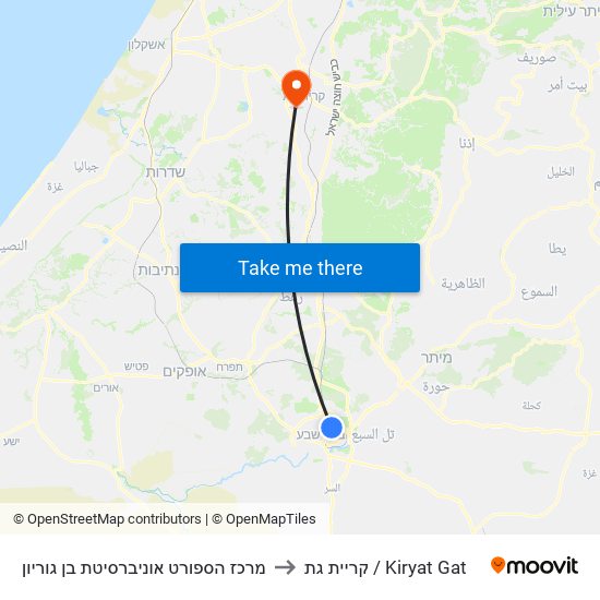 מרכז הספורט אוניברסיטת בן גוריון to קריית גת / Kiryat Gat map