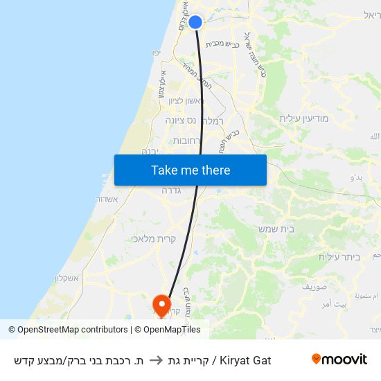 ת. רכבת בני ברק/מבצע קדש to קריית גת / Kiryat Gat map