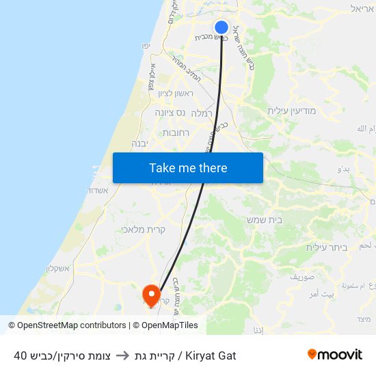 צומת סירקין/כביש 40 to קריית גת / Kiryat Gat map