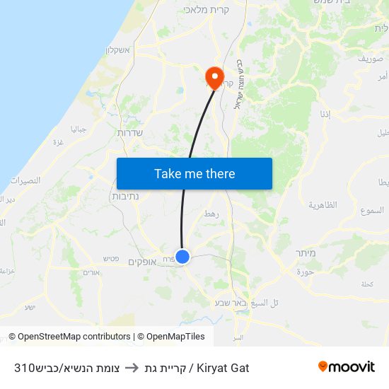 צומת הנשיא/כביש310 to קריית גת / Kiryat Gat map
