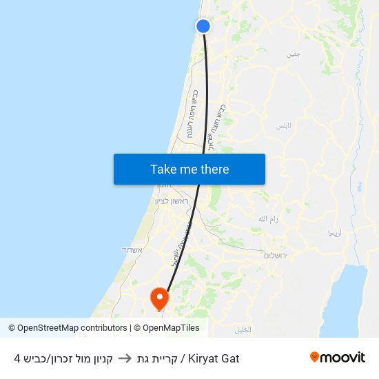 קניון מול זכרון/כביש 4 to קריית גת / Kiryat Gat map