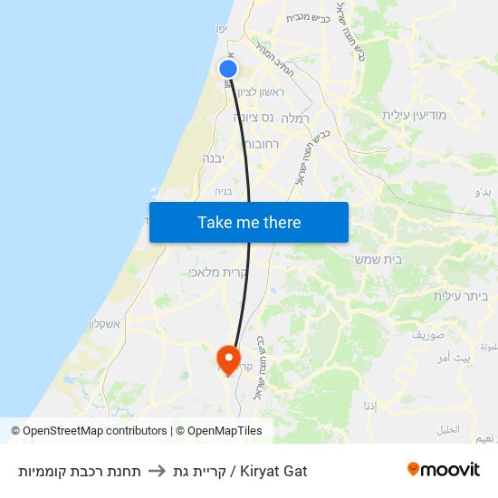 תחנת רכבת קוממיות to קריית גת / Kiryat Gat map