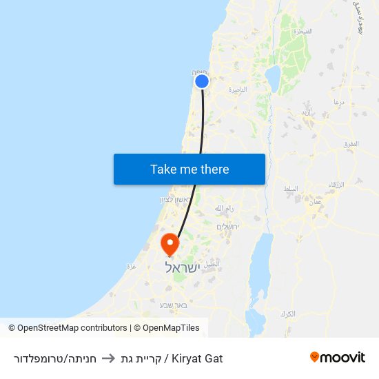 חניתה/טרומפלדור to קריית גת / Kiryat Gat map