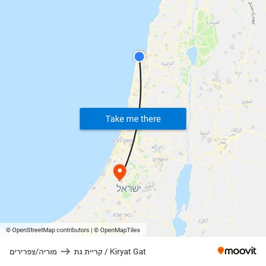 מוריה/צפרירים to קריית גת / Kiryat Gat map