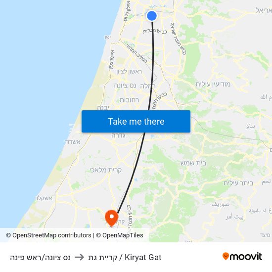 נס ציונה/ראש פינה to קריית גת / Kiryat Gat map